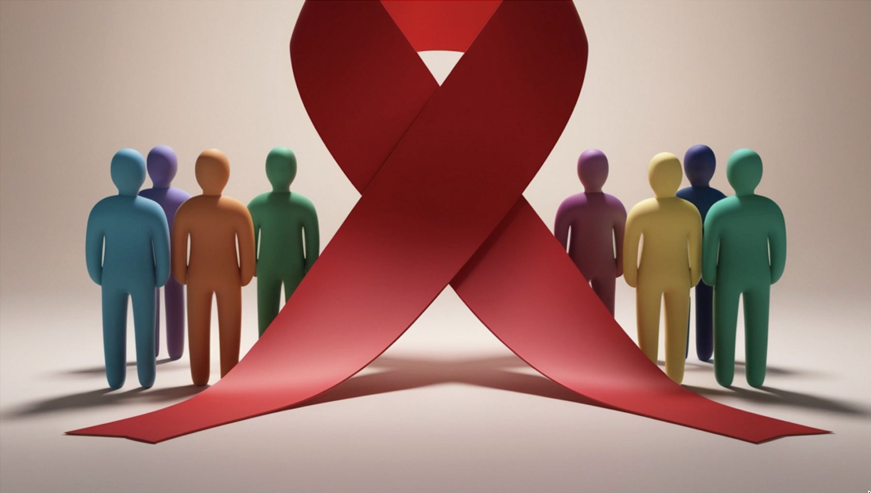 Big red ribbon. Five people are on each side of the ribbon.